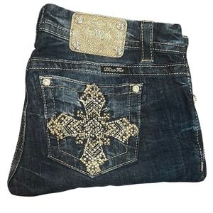 Miss Me Blue and Gold Easy Boot Cut Jeans with Ornate Embellishments